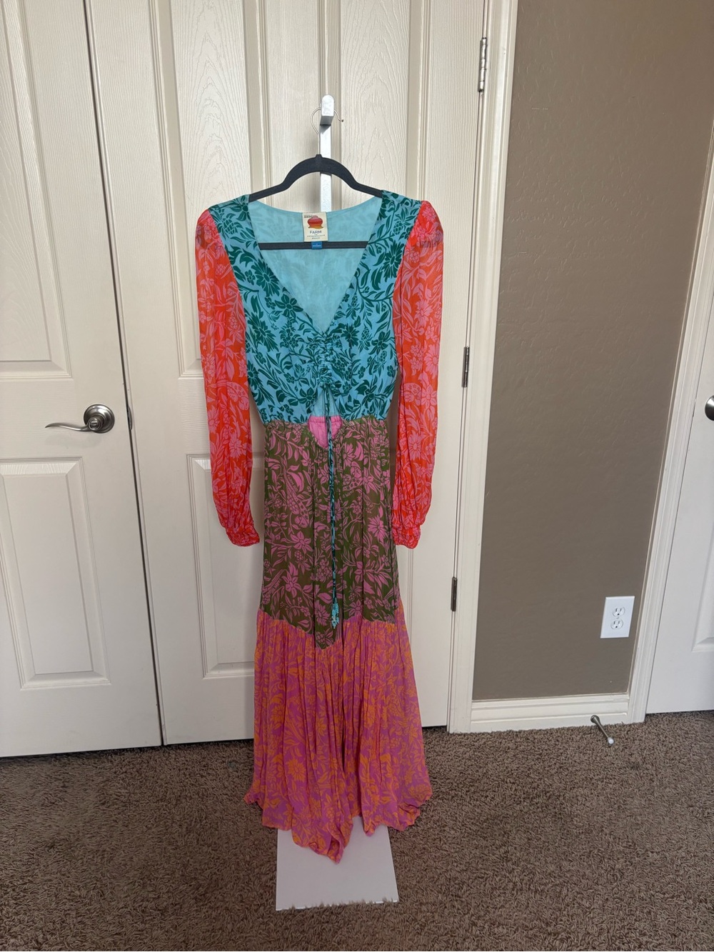 FARM Rio Teal, Coral & Pink Floral Patchwork Maxi Dress